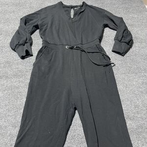 INC International Concepts Jumpsuit Womens Large Black Drawstring Jogger V Neck